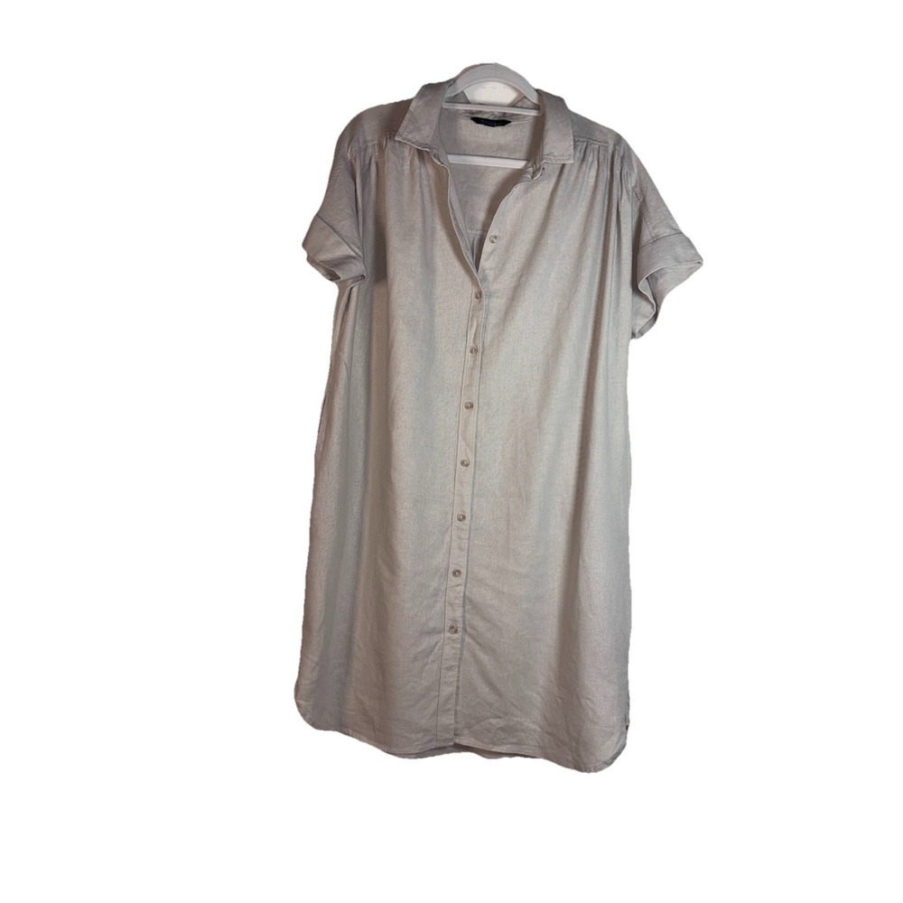 Well Worn‎ Linen Blend Casual Shirt Dress Women's Tan Pockets Size L